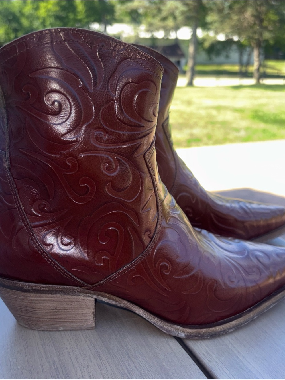 Sundance Embossed Western Ankle Boots - Brown